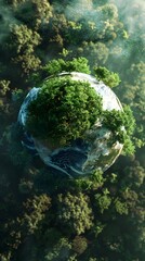 Earths Rebirth A Tree Growing from Inside the Globe in a Lush Green Forest
