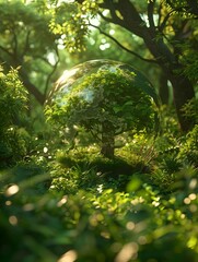 Earths Rebirth A Tree Growing from Inside the Globe in a Lush Green Forest