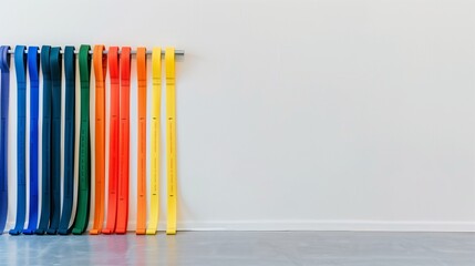 A range of resistance bands in multiple strengths and colors on a white wall in a clinic. - Powered by Adobe