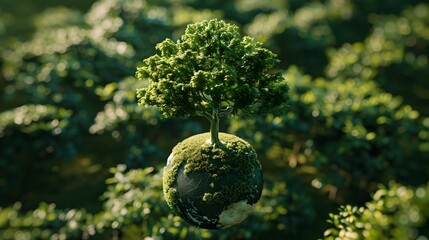 Thriving Earth A Tree Growing from Inside a D Rendered Green Forest Highlighting Environmental