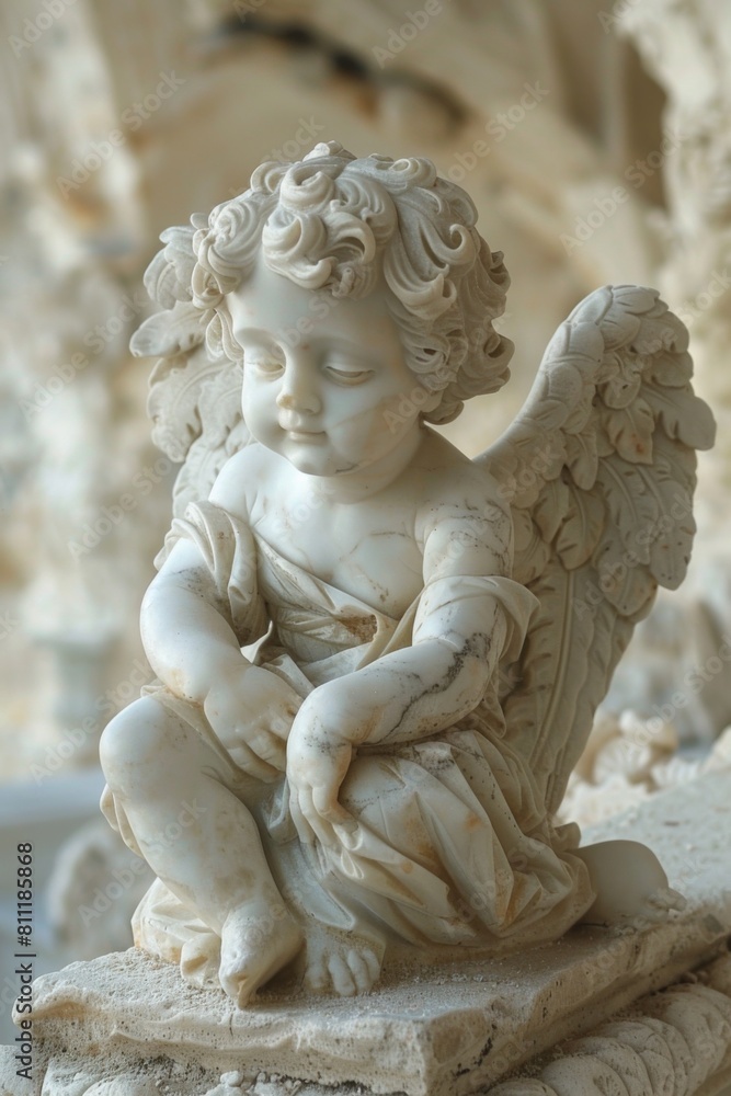 Canvas Prints A statue of a small angel sitting on top of something, AI