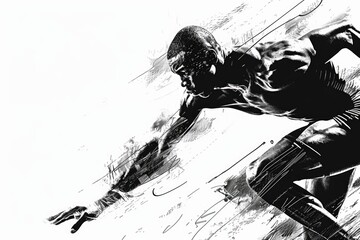A dynamic black and white drawing of a man running. Ideal for sports or fitness concepts