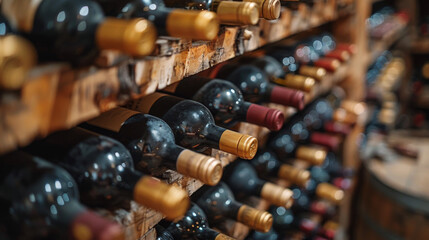 A bunch of bottles and wine in a wooden rack, AI