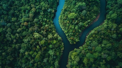 Aerial View of Meandering River Through Dense Jungle