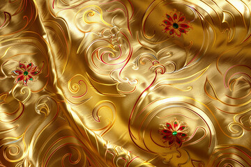 Abstract golden background with Thai art pattern. Enhance with a little sparkle. of emerald and ruby ​​red