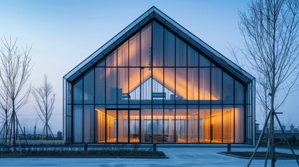 The exterior of the clubhouse with a facade of translucent frosted glass. The aesthetics of minimalism in architecture. Simple shapes, clear lines and unusual geometry. A modern unique building