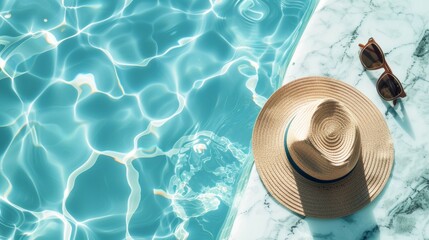 Sunglasses and straw hat on marble swimming pool side with clear blue water with waves sunlight...
