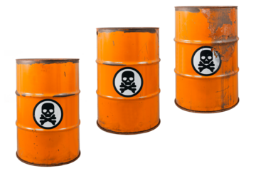 Barrel with toxic waste. Biohazard warning sign human skull with two crossed bones behind it. The symbol indicates that hazardous products death or poisoning. Rusty dangerous barrel with pathogens age