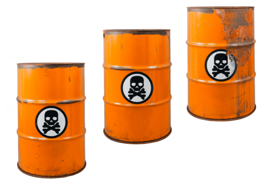 Barrel with toxic waste. Biohazard warning sign human skull with two crossed bones behind it. The symbol indicates that hazardous products death or poisoning. Rusty dangerous barrel with pathogens age