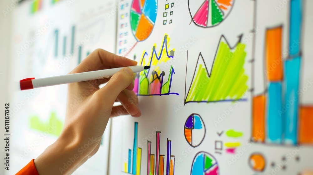 Aufkleber a hand sketching a colorful infographic chart on a whiteboard, illustrating data trends and analysis