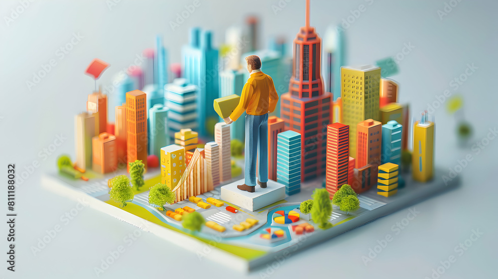 Poster wealth manager reviewing investment portfolio a 3d flat illustration depicting asset reallocation an