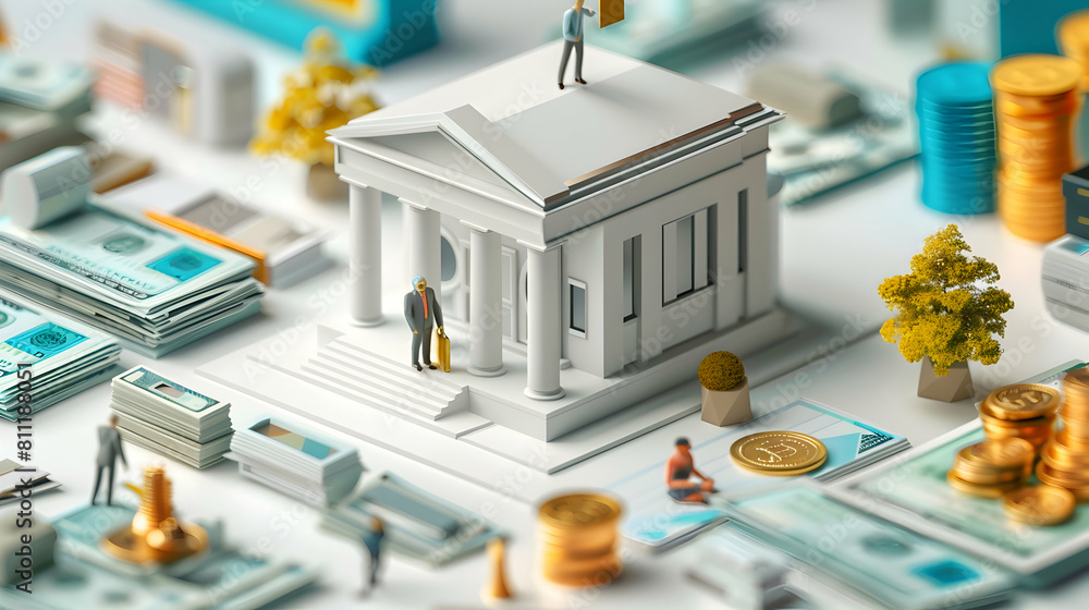 Poster wealth manager reviewing investment portfolio: asset reallocation for diversification and returns 3d