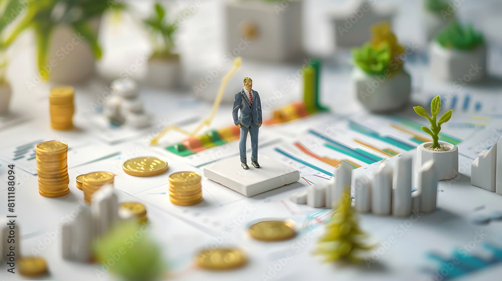Poster wealth manager reviewing investment portfolio for diversification and maximized returns: 3d business
