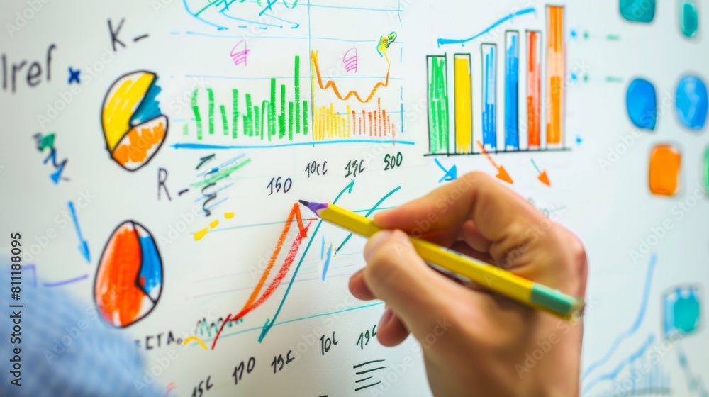 Aufkleber a hand sketching a colorful infographic chart on a whiteboard, illustrating data trends and analysis