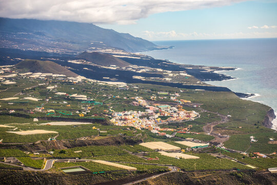 Panoramic view of the Llanos from the Time viewpoint with the magma tongue behind on the island of La Palma