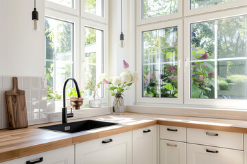 A bright kitchen with white cabinets, wooden countertop and a black sink in front of the window. There is an empty space on one side for writing or displaying flowers. The windows have clear glass.