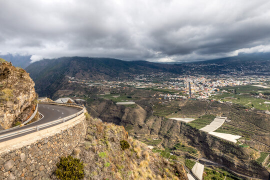 Panoramic view of the Llanos from the Time viewpoint with the magma tongue behind on the island of La Palma