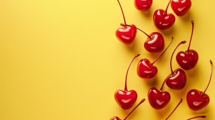 Modern retro composition made of hearts like cherries on a pastel yellow background.Pop art aesthetic, Minimal concept of Valentine's Day or love.Contemporary style.Love banner with space for text