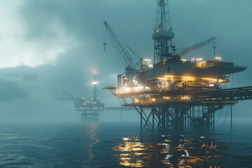 An oil rig lit up in the middle of the ocean. Suitable for industrial concepts