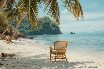 Obraz premium A beach chair sits on the sand of an exotic island with clear blue water and palm trees, surrounded by a jungle landscape. A wooden pier leading to distant boats. The sky above glows in bright sunligh