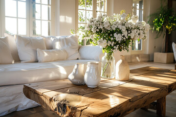 A rustic coffee table with white vases and fresh flowers, set in front of an elegant sofa, bathed in warm sunlight that streams through large windows, creating a cozy atmosphere in the living room.