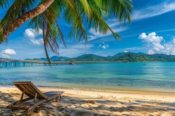 A beach chair sits on the sand of an exotic island with clear blue water and palm trees, surrounded by a jungle landscape. A wooden pier leading to distant boats. The sky above glows in bright sunligh