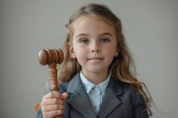 Close-up portrait of a preschool girl wearing a formal lawyer's suit. Cute child holding a wooden gavel. Kindergarten kid dreams of becoming a judge. Light grey background.