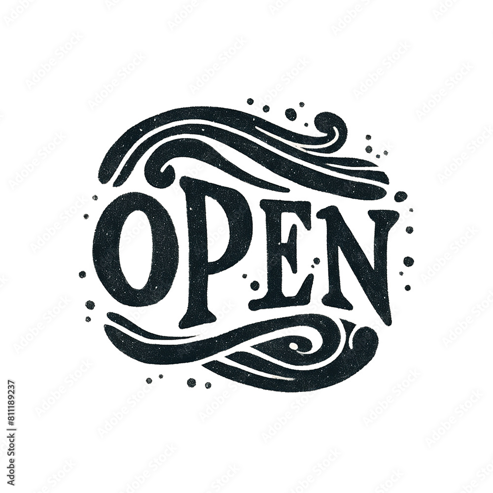 Poster a black and white sign that says open. the sign is written in a cursive style and has a swirling des