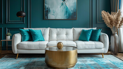 Art deco interior design of modern living room, home. Golden round coffee table near white sofa with teal pillows against wall with poster