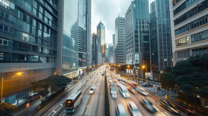 A high-angle view of traffic flowing past towering skyscrapers, depicting the hustle and bustle of urban life in a thriving metropolis.