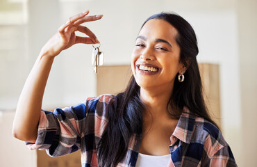 New house, portrait or happy woman with keys for real estate, property investment or buying...