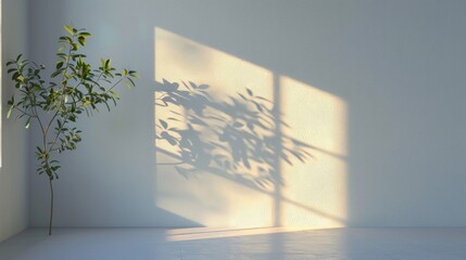 Illuminated Tranquility: The Enigmatic Dance of Light and Shadow in the Evening, Casting Window Frame's Shadow and Reflection on a Serene White Wall