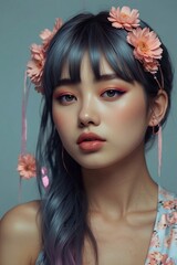 Fototapeta premium Neon Elegance A Blue Dream Portrait of a Japanese Pop Visionary