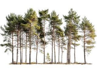 A row of pine trees on a white background.