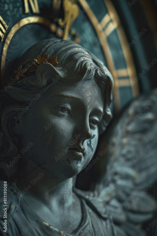 Poster a close up of a statue with a clock in the background. suitable for time management concepts