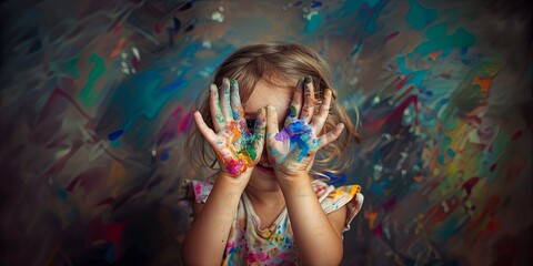A young girl showing her colorful painted hands.