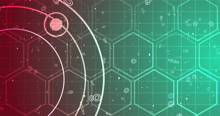 Geometric circles and hexagons moving motion graphic. Business meeting corporate advertisement presentation technology bg 3d particles stripes colorful gradient futuristic shiny abstract round.