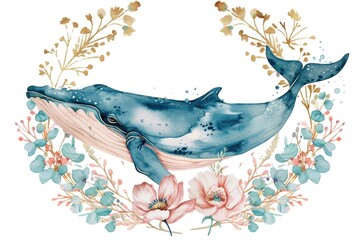 Majestic blue whale surrounded by colorful flowers and leaves. Perfect for nature and wildlife themed designs
