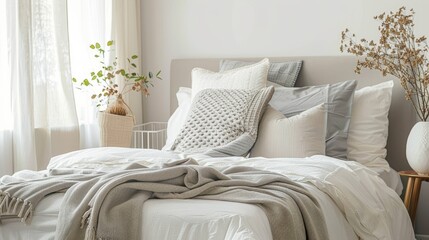 contemporary bedroom interior with Modern Upholstered Headboard, white bed featuring a cozy blanket