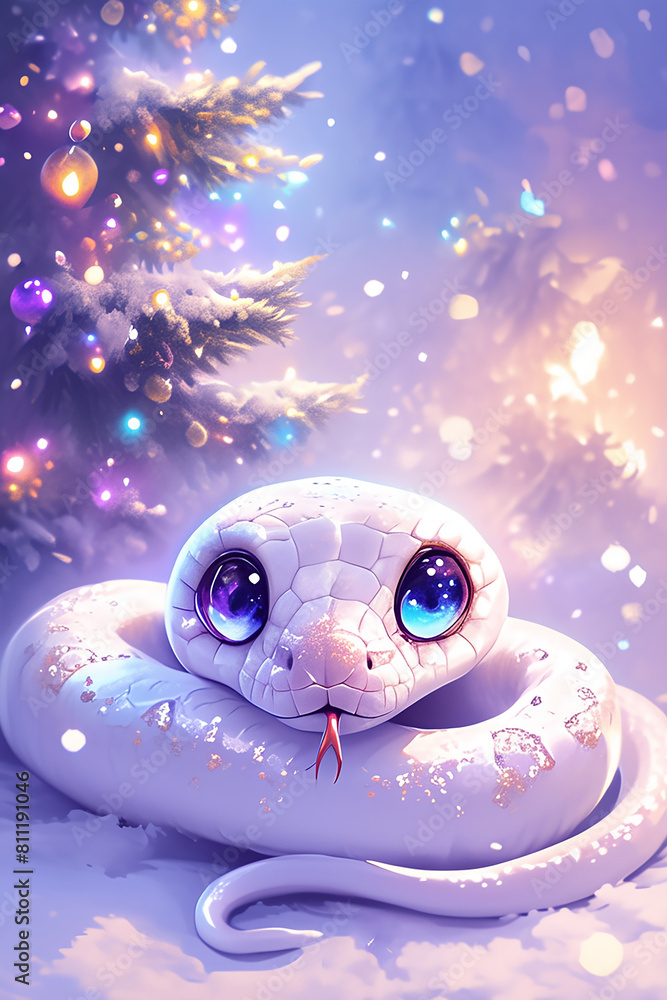 Canvas Prints 2025 a white snake is laying on the snow next to a christmas tree.