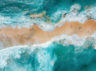 Aerial view of the beach with waves and people, top down view of the sandy shore with transparent water