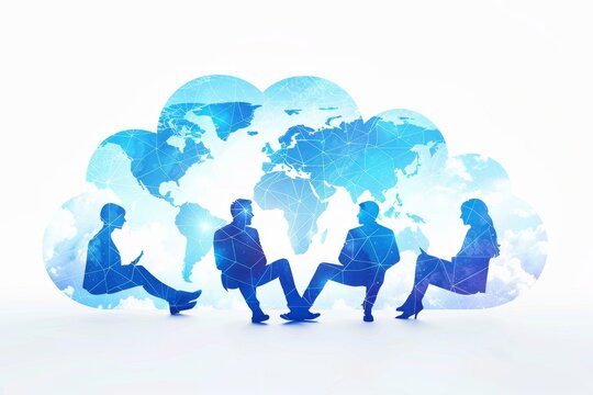 KPI business data in remote work environment fosters team illustrations, teamwork in cloud computing centers for digital project collaboration and collaborative cloud.