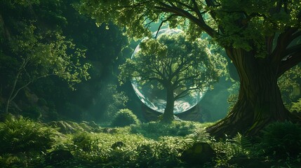 Fototapeta premium Lush Green Forest Emerging from the Earths Globe A Visual Tale of Nature and Humanitys