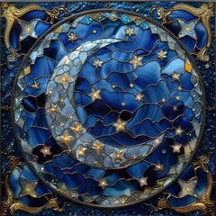 Stained Glass of A moon and star indigo blue background, stars around, white gold foil border. ai generated