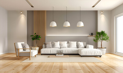 Modern interior japan  style design living room. Lighting and sunny Scandinavian apartment with plaster and wood