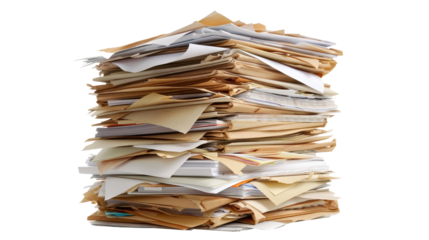 Files stacking up in a messy order isolated on transparent background