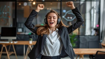 A young female dancing with joy while wearing a office suit outfit and headphones on a modern office background