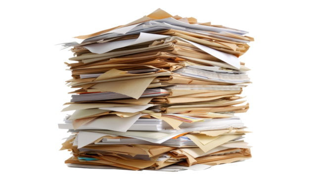 Files stacking up in a messy order isolated on transparent background