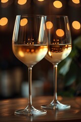 Two glasses of wine are sitting on a table with lights in the background, AI