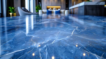 A blue marble counter top in a kitchen with chairs and table, AI